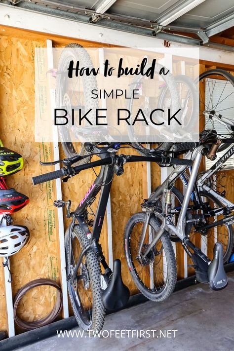 Diy Garage Bike Rack, Bike Storage Vertical, Easy Bike Storage, Storing Bicycles In Garage, Garage Bike Rack Ideas, Diy Garage Bike Storage, Vertical Bike Storage Diy, Diy Bike Hanger, Upright Bike Storage