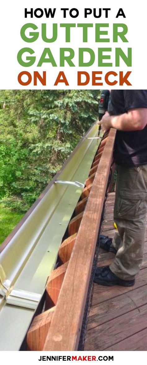 How to hang a rain gutter garden on your deck railing! Cheap and easy. via @jenuinemom Deck Railing Cheap, Rain Gutter Garden, Patio Herb Garden, Diy Gutters, Gutter Garden, Fence Planters, Diy Garden Fence, Fence Plants, Cheap Patio