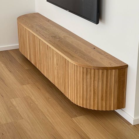 Curved Chunky Entertainment Unit - Solid Wood – Jakelin Furniture Hanging Tv On Wall, Living Room Wall Units, Ikea Shelves, Tasmanian Oak, Buffet Design, French Cleat, Tv Wall Design, Tv Decor, Living Room Tv Wall