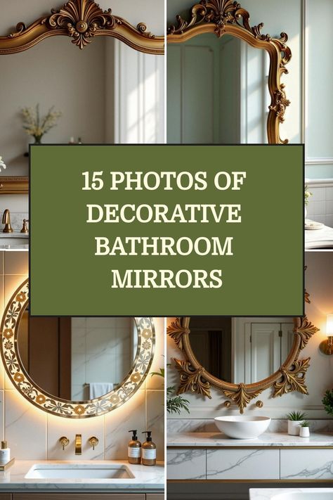 15 Photos of Decorative Bathroom Mirrors Antique Mirror Wall Bathroom, Creative Bathroom Mirror Ideas, Gold Rimmed Mirror, Bathroom With Gold Mirror, Vanity Mirror Ideas Bathroom, Art Deco Bathroom Mirror, Bronze Bathroom Mirror, Vintage Mirror Wall Decor, Vintage Bathroom Mirrors