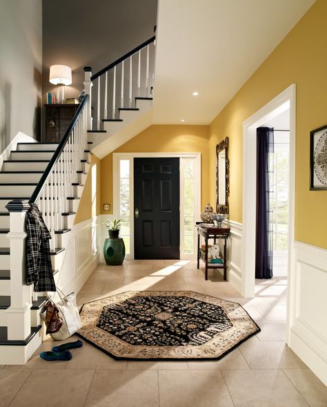 Paint Colors Behr, Yellow Hallway, Black Entry Doors, Foyer Paint Colors, Foyer Paint, Summer Living Room Decor, White Hallway, Hallway Colours, Chair Rail Molding