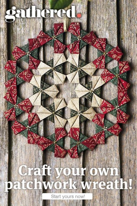 Folded Fabric Wreath, Christmas Patchwork, Christmas Sewing Projects, Christmas Quilt Patterns, Folded Fabric, Fabric Wreath, Quilted Christmas Ornaments, Elegant Fabric, Ornament Tutorial