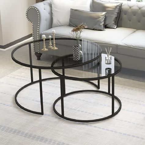 Amazon.com: DEKOPRATIK - Tokyo Coffee Table Round Smoked Glass Set of 2-31.5 Inch - Modern Center Living Room Table Set for Sala, Easy Assembly, Black Metal Frame, Mesas de Centro para Sala : Home & Kitchen Round Black Coffee Table, Round Living Room Table, Dark Wood Coffee Table, Living Room Addition, Coffee Table Metal Frame, Round Center Table, Round Coffee Table Sets, Center Table Living Room, Coffee Table Round