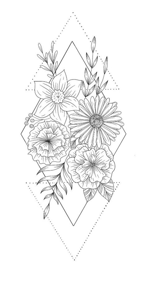 Diamond Shape Floral Tattoo, Shapes And Flowers Tattoo, Floral Design Tattoo Geometric Shapes, Floral Forearm Tattoo Design, Triangle Flower Tattoo Design, Flowers In Diamond Tattoo, Floral Tattoos Forearm, Thigh Tattoos Geometric, Floral Diamond Tattoo