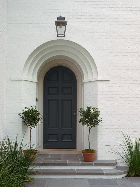 Arched Front Door, Black Front Door, Beautiful Front Doors, Black Front Doors, Entry Design, Front Door Entrance, Exterior Front Doors, Arched Doors, Plant Tree