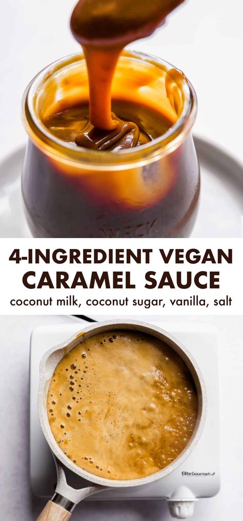 the best paleo and vegan caramel sauce! Make with coconut milk, coconut sugar, vanilla, and salt. Vegan Caramel Sauce Recipe, Aip Sauces, Vegan Caramel Sauce, Coconut Caramel Sauce, Paleo Bars, Paleo Ice Cream, Keto Green, Histamine Intolerance, Clean Dessert