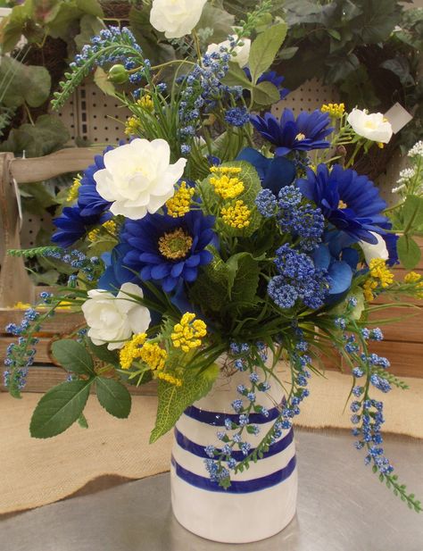 Blue, white, yellow Sherrie 2017 Yellow Flower Arrangements, Blue Flower Arrangements, Spring Flower Arrangements, Silk Arrangements, Silk Floral Arrangements, Silk Flower Arrangements, Beautiful Flower Arrangements, Wedding Arrangements, Artificial Flower Arrangements