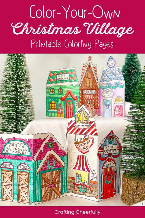 Paper Christmas Village Template Free Printable, Craft For All Ages, Village Kids, Christmas Village Sets, Easy Holidays Crafts, Accordion Fold, Christmas Town, Holiday Craft, Free Christmas Printables