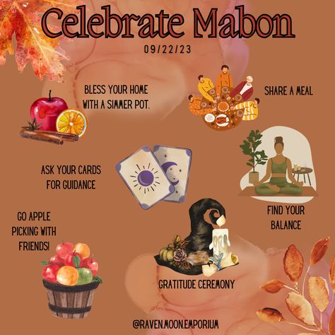 Ideas to celebrate Mabon! Time of Balance, Gratitude, Community, and Manifesting. What are you celebrating this Mabon? We would love to hear your ideas! #ravenmoonemporium #witchstore #crystalshop #mabon Mabon Celebration Activities, Mabon Tea Recipe, Mabon Ritual Ideas, What Is Mabon, Mabon Celebration 2024, Ways To Celebrate Mabon, Mabon Celebration Ideas, How To Celebrate Mabon, Mabon Decorations Diy