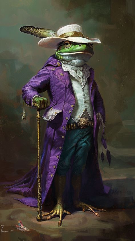 Humanoid Frog in Renaissance Style with Purple Coat and Cowboy Hat Frog Humanoid, Dnd Western, Frog Pottery, Frog Dress, Fantasy Elements, White Cowboy Hat, Frog Doll, Inspirational Digital Art, Rp Characters