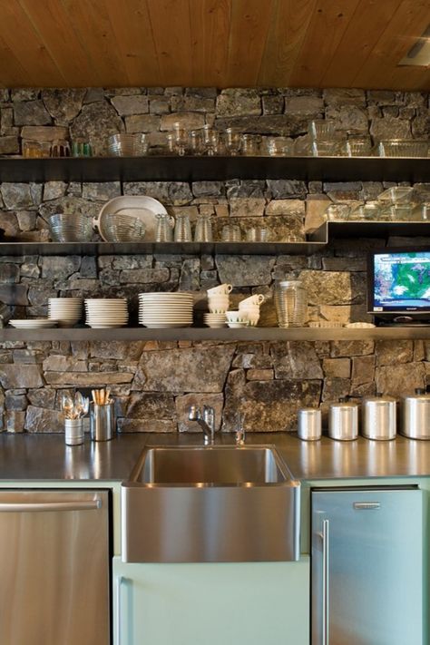 Dwelling on the rocky shores of Flathead Lake: Stone Creek Camp Stone Backsplash Kitchen, Farmhouse Backsplash, Stone Creek, Wood And Concrete, Stone Backsplash, Rustic Modern Kitchen, Stone Kitchen, Rustic Stone, Stone Walls