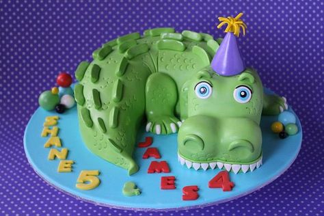 Crocodile cake for a very special dual birthday celebration. The whole body and head is choc mud cake with choc ganache and fondant decos….edible from head to tail :-) Croc Cake, Crocodile Cake, Alligator Cake, Alligator Birthday Parties, Digger Cake, Choc Ganache, Alligator Birthday, Dinosaur Birthday Cakes, Jungle Cake