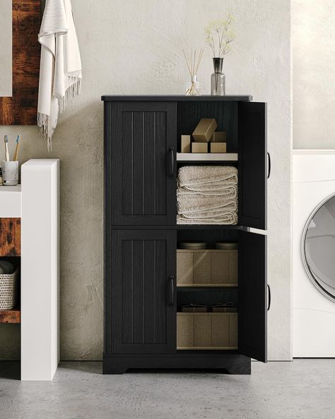 PRICES MAY VARY. Adjustable Storage Space: This bathroom cabinet has an upper and a lower cabinet and has two adjustable shelves that can be adjusted to 3 different positions, providing plenty of room with varying heights for your hair dryer, towels, toiletries, shower supplies and more Selected Quality & Size: This storage cabinet is made from high-quality engineered wood and decorative silhouette and natural color palette that gives your room an attractive. Size: (D)11.7 x (W)23.5 x (H)43.2 In Industrial Modern Bathroom, Cabinet Freestanding, Bathroom Storage Unit, Black Wood Floors, Black Cabinets Bathroom, Small Bathroom Storage Cabinet, Freestanding Cabinet, Bathroom Floor Storage Cabinet, Bathroom Towel Storage