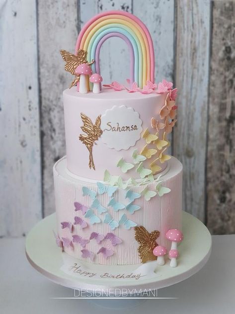 Butterfly And Rainbow Birthday Party, Rainbow Butterfly Cake Birthday, Rainbow Butterfly Themed Birthday Party, Fairy Butterfly Birthday Cake, Butterflies And Rainbows Birthday, Pink Fairy Birthday Cake, Birthday Cakes For Baby Girls 1st, Pink Cake Birthday Kids, Unicorn And Fairies Birthday Party