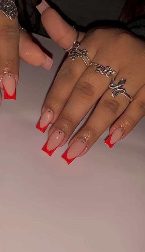 Red French Tip Birthday Nails, Vday French Tip Nails, Ref French Tip, Red And White French Tip Acrylic Nails, Red French Tip Acrylic Nails With Gems, Simple Red Acrylic Nail Ideas, Red French Tip Valentines Day Nails, Red Nail Designs French Tips, French Red Nails Ideas