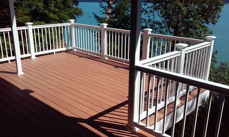 Wolf PVC Decking in Amberwood Wolf Decking Colors, Wolf Decking, Composite Deck With Wood Railing, Outdoor Living Ideas, Pvc Decking, Dream Deck, Deck Colors, Decking Material, Outside Living