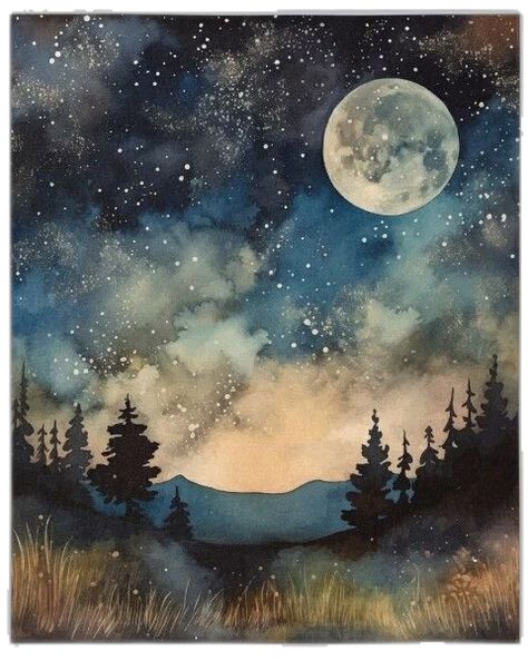 Painting Sky Ideas, Night Sky Watercolor Painting, Watercolor Art Night, Moonlight Watercolor, Night Sky Acrylic Painting, Watercolour Night Sky, Full Moon Watercolor, Watercolor Starry Night, Dreaming Painting