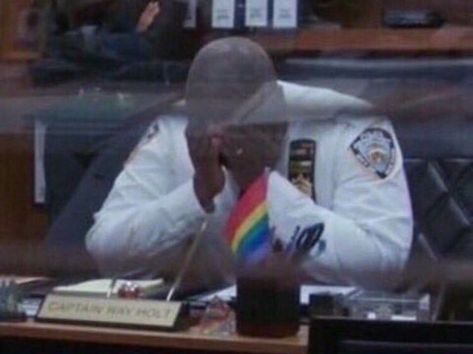 captain holt b99 sad disappointed rainbow gay flag meme Raymond Holt, Brooklyn 9 9, Jake Peralta, Gay Flag, Brooklyn Nine Nine, Backstreet Boys, Best Shows Ever, Series Movies, Steven Universe