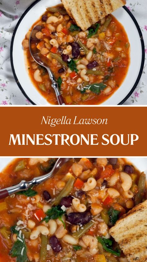 Nigella Minestrone Soup Traditional Minestrone Soup, Green Beans Tomatoes, Dinner Vegetables, Meal In A Bowl, Nigella Lawson Recipes, Stews Recipes, Minestrone Soup Recipe, Delicious Soups, Carrots Celery