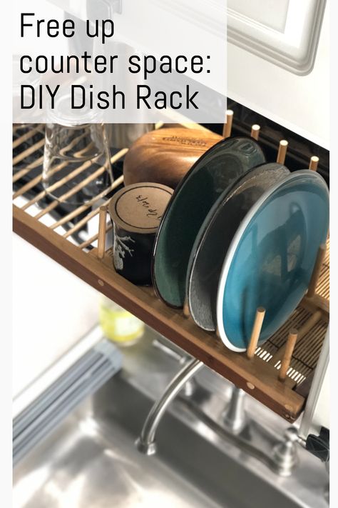 Tiny kitchen, no counter space? Make a custom over the sink dish rack to free up counter space! Plate Rack Over Kitchen Sink, Over The Sink Shelves, Kitchen No Counter Space, Over The Sink Dish Drying Rack, Above The Sink Shelf, Diy Dish Drying Rack, Over The Kitchen Sink Shelf, Shelf Above Kitchen Sink, Above Sink Shelf