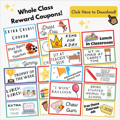 76 Incredible Ideas For Whole Class Rewards (w/Free Coupons) Kindergarten Class Incentives, Classroom Sticker Reward System, Free Pbis Rewards, Classroom Coupons For Rewards, Reward Coupons For The Classroom, Free Class Rewards, Classroom Coupons Free, Whole Class Reward Ideas, Classroom Rewards Ideas