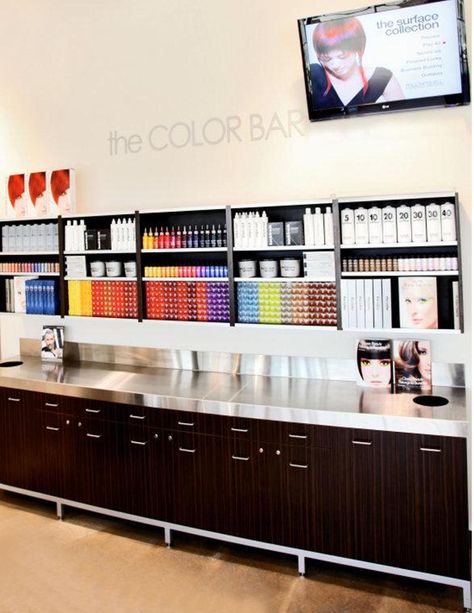 color bar Salon Color Storage, Salon Organization Ideas, Salon Color Bar, Small Hair Salon, Beauty Bar Salon, Salon Concepts, Home Hair Salons, Hair Salon Design, Hair Salon Interior