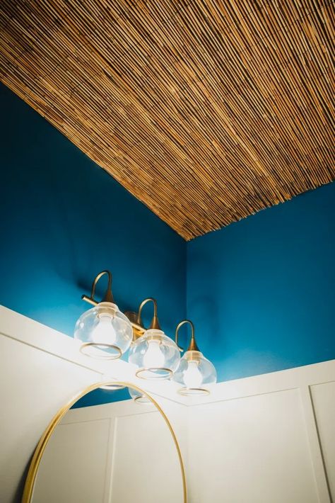 Modern Boho Powder Room in Teal and White – Casa Watkins Living Small Powder Room Remodel, Boho Powder Room, Peacock Bathroom, Reed Fencing, Powder Room Remodel, Ceiling Texture, Board And Batten Wall, Fencing Material, Room Refresh