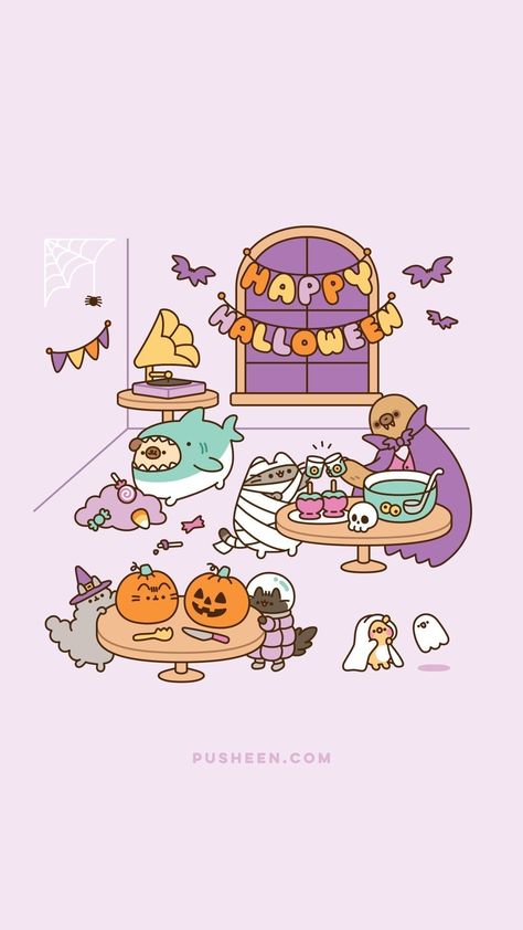 Happy Halloween! 🎃 🍬 🦇 #Pusheen | Instagram Pusheen Iphone Wallpaper, Halloween Pusheen Wallpaper, Pusheen Fall Wallpaper, Pusheen Halloween Wallpaper, Halloween Illustration Cute, Halloween Pusheen, Pusheen Halloween, Pusheen Hello Kitty, Halloween Sketches