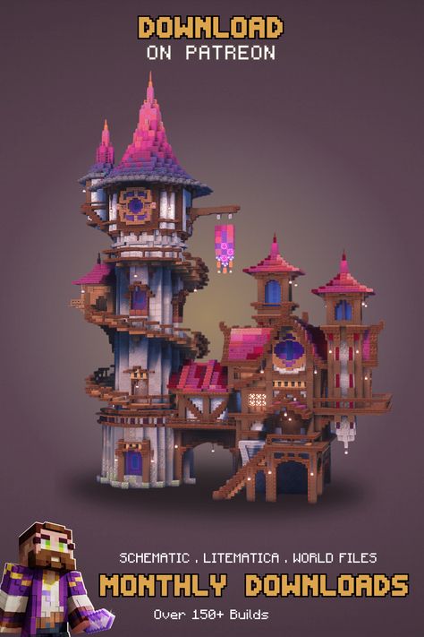 A fantasy minecraft wizard base design. Download my builds on patreon! Wisteria Tree Minecraft, Minecraft End House, Minecraft Houses Magical, Minecraft Magic Shop, Minecraft Wizard House Ideas, Minecraft Enchanted Forest Ideas, Minecraft Round Window, Minecraft Witch Hut Ideas, Gatehouse Minecraft