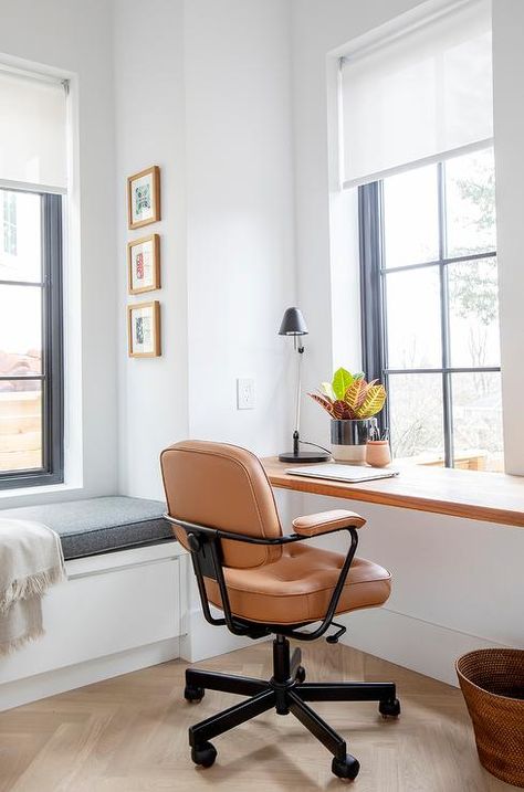 Corner Desk By Window, Home Office Under Window, Desk Facing Window Bedroom, Office Nook Window, Computer Desk In Front Of Window, Floating Desk Under Window, Office Desk Under Window, Corner Desk Under Window, Built In Desk In Front Of Window