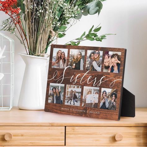 Photo Collage Layout, Sisters Photo, Collage Layout, Wooden Living Room, Collage Gift, Photo Collage Gift, Custom Photo Frames, Sister Photos, Script Calligraphy