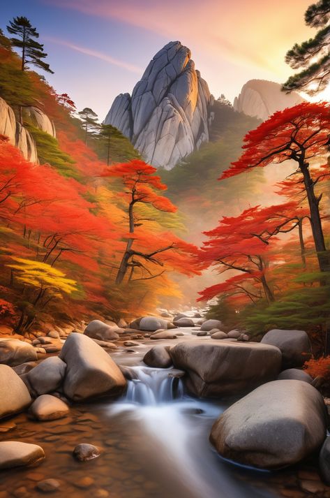 A breathtaking sunrise over Mount Seoraksan. 🌄 The granite peaks pierce the morning mist, while autumn maples paint the valleys in vibrant colors. 🍂 #MountSeoraksan #Korea #LandscapePhotography Autumn Sunrise, Korea Beauty, Morning Mist, Desktop Background, Pine Trees, Backgrounds Desktop, Archipelago, Ultra Hd, Red And Gold