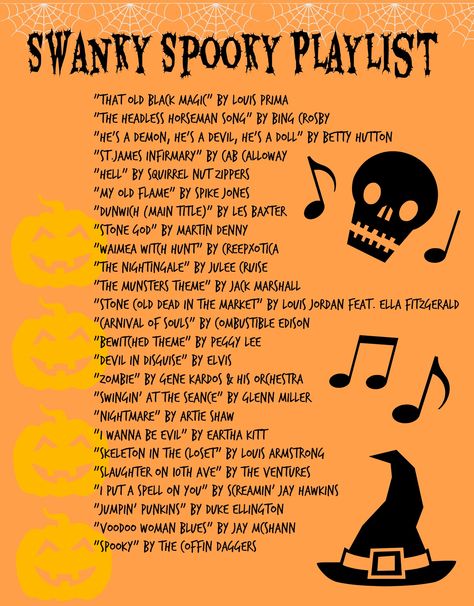 Swanky Spooky Playlist.  40s, 50s, Rockabilly music. Halloween. Halloween Party Playlist For Adults, Vintage Halloween Playlist, Good Halloween Songs, Spooky Season Playlist, Halloween Party Timeline, Halloween Birthday Aesthetic, Halloween Party Vintage, Halloween Party Adult Games, Halloween Playlist Cover