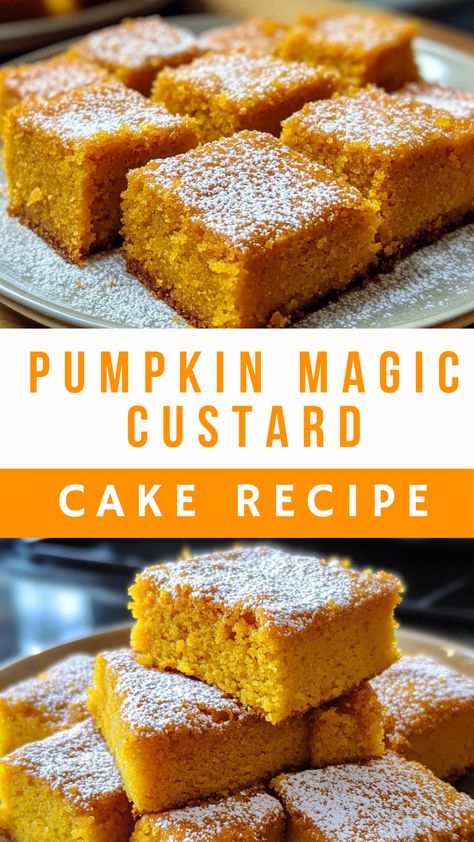 Pumpkin Magic Custard Cake Recipe Pumpkin Custard Cake, Magic Custard Cake Recipe, Cake Textures, Autumn Gathering, Pumpkin Magic, Apple Cheesecake Bars, Custard Cake Recipes, Caramel Apple Cheesecake Bars, Magic Custard Cake