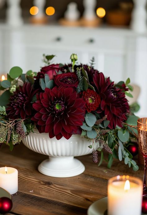 20 Burgundy Christmas Decor Ideas – ToolzView Floral Christmas Arrangements Ideas, Easy Christmas Flower Arrangements, Stunning Christmas Decorations, Burgundy And Green Christmas Decor, December Floral Arrangements, Burgundy Floral Arrangements, Christmas Bouquet Ideas, Christmas Flower Centerpieces, Burgundy Fall Decor