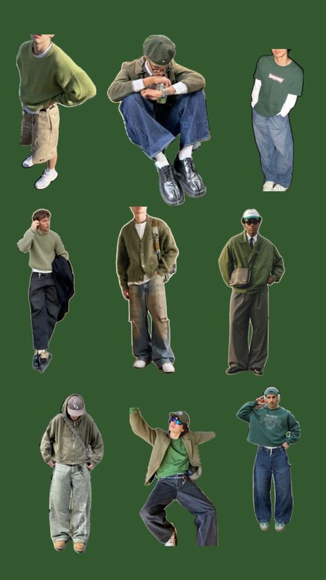 Green outfit inspo for men Outfit Ideas Men Streetwear, Green Y2k Outfit, Outfit Inspo For Men, Y2k Outfits Men, Asian Men Fashion, Green Y2k, Green Outfits, Y2k Outfits, Green Outfit