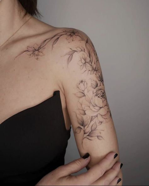 Dainty Flower Tattoos Arm Sleeve, Floral Shoulder And Arm Tattoo, Delicate Tattoo Flower, Light And Airy Tattoo, Shoulder Flower Tattoos For Women Black, Flower Tattoo Designs Arm, Fine Line Tattoos For Women Arm, Pretty Sleeve Tattoos, Shoulder And Collar Bone Tattoos