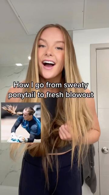 BRITTANY ISENHOUR on Instagram: "Post workout/ training hair routine! 💇‍♀️ I try to only shampoo my hair a couple of times a week so I don’t strip it, but my hair post training can be pretty wild. Every once in awhile if I want a fresh look I’ll do this routine to give me a fresh blowout look and feel without the whole shampoo process! #soccer #soccerplayer #hairoutine #longhair #longhairstyle #longhairtips #femaleathlete #gymgirl #blowouttutorial #healthyhairtips #hairoil #goalkeeper #nwsl How To Keep Hair Clean After Workout, After Workout Hairstyles, Gym To Work Hair, Post Workout Hairstyles, Post Gym Hair, Fresh Blowout, Blowout Look, Running Late Hairstyles, Post Workout Hair