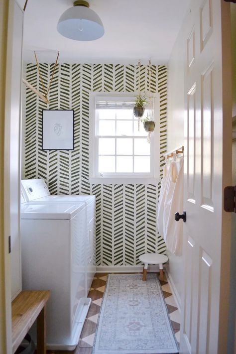 Laundry Room With Plants, Geometric Wall Stencil, Laundry Room/mudroom, Large Wall Stencil, Room Accent Wall, Plywood Flooring, Accent Wall Paint, Hand Painted Wallpaper, Brass Planter