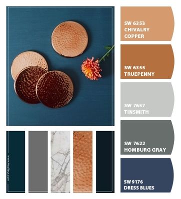 Paint colors from ColorSnap by Sherwin-Williams Interior Design Blue Palette, Gray Blue Brown Color Scheme, Navy Accent Color Scheme, Cooper Color Scheme, True Blue Color Palette, Rust Navy Blue Color Palette, Cooper Paint Color, Navy Copper Color Palette, Charcoal Blue Color Scheme