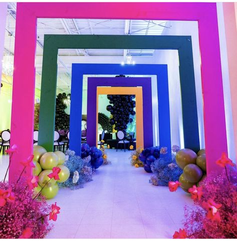 Outdoor Party Entrance Decor, Conference Entrance Design, Party Entrance Decoration Entryway, Colorful Event Decor, Corporate Event Decor Entrance, Conference Decor Ideas, Festival Entrance, Event Entrance Design, Event Entrance Arch Design