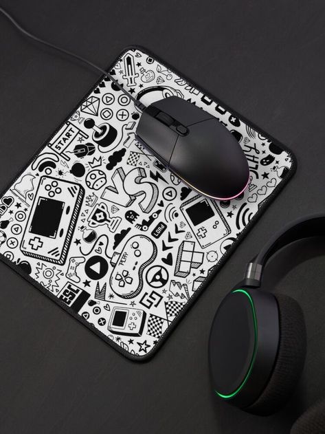 Mouse pad with doodle pattern of video game symbols in black and white Game Pad, Gaming Doodle Art, Mousepad Design Ideas, Cricut Mouse Pads, Mouse Pad Design Ideas, Mouse Pad Design Ideas For Men, Video Game Pattern, Mouse Pads, Mouse Pad Design Ideas Gaming