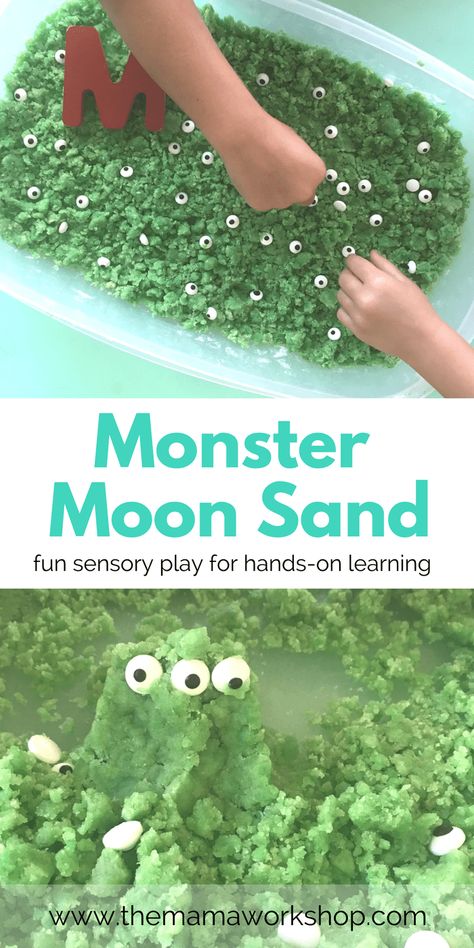 Make this Monster Moon Sand with your kiddos and have such a fun time! Dig your hands in and mold shapes and creatures. Such a fun sensory activity! Monster Activities For Preschool, Kids Sensory Activities, Monster Activities, Moon Sand, Halloween Sensory, Monster Craft, Monster Crafts, Sensory Crafts, Monster Theme