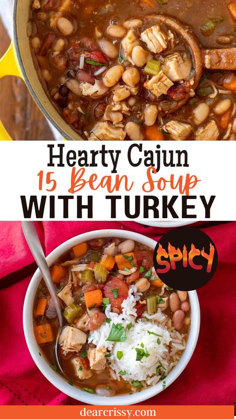 Hearty Cajun 15 Bean Soup with Turkey brings the flavors of Louisiana to your home. This delicious homemade soup combines a mix of spices with protein-rich beans and tender turkey, making it a satisfying meal. It's easy to prepare and the perfect recipe for using up leftover turkey. Enjoy a warm bowl that feels like a hug in a dish, and it's sure to please everyone at the table. Cajun 15 Bean Soup Recipe, Cajun 15 Bean Soup, Soup With Turkey, 15 Bean Soup, Leftover Thanksgiving, Thanksgiving Turkey Leftovers, Holiday Ham, Bean Soup Recipes, Leftover Turkey