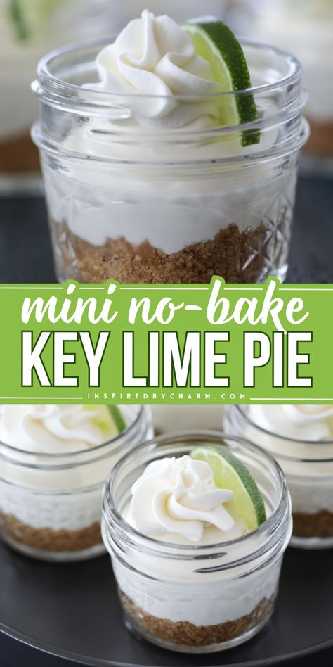 This mini key lime pie in a jar is an easy no-bake treat to whip up in just 20 minutes! Your spring treats to make must have these little pies. Made in mason jars, this no-bake key lime pie is a cute and delicious summer dessert for any celebration! Key Lime Pie In Mason Jars, Key Lime Pie Jars, Key Lime Pie Mini Dessert Cups, Key Lime Pie In A Jar, No Bake Key Lime Pie In A Jar, Dessert For Bridal Shower Sweets, Mason Jar Pudding Desserts, Cake In Jars Recipe, Bunco Dessert Ideas