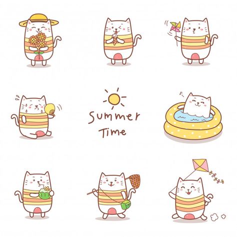 Cute cat cartoon hand drawn for summer c... | Premium Vector #Freepik #vector #summer Cute Cat Cartoon, Summer Sale Banner, Cat Unicorn, Summer Cat, Cat Calendar, Summer Cartoon, Cat Doodle, Summer Illustration, Kawaii Illustration