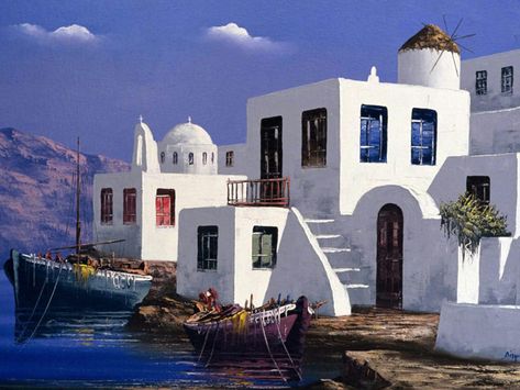 Greek Art Painting, Greece Wallpaper, Greek Village, Greek Town, Old West Photos, Mediterranean Travel, American Photo, Greek House, Mediterranean Homes