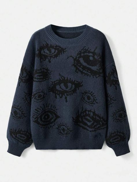 ROMWE Grunge Punk Women's Eye Pattern Round Neck Sweater | SHEIN Punk Plus Size, Eye Sweater, Creepy Clothes, Dark Sweater, Punk Woman, Casual Pullover Sweater, Lantern Sleeve Sweater, Plus Size Pullover, Sweater Autumn