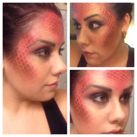 Game of thrones house targaryen inspired red dragon makeup. Done with NO Airbrushing, just cream and powdered makeup and fishnets. Red Dragon Makeup, Dragon Makeup Look, Dragon Costume Women, Game Of Thrones House Targaryen, Dragon Makeup, Shrek Costume, Dragon Halloween, Dragon Face, Dragon Costume