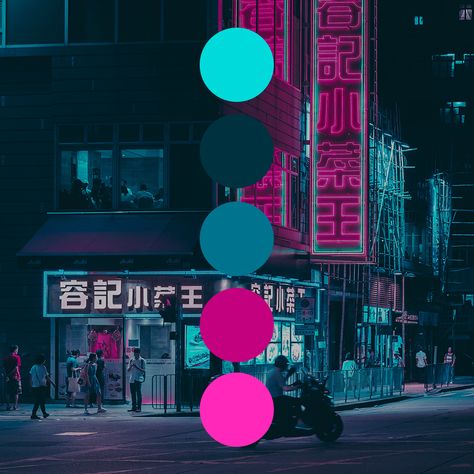 Cyberpunk Color Palette, Night Color Palette, Saturated Color Palette, Night Palette, Rainbow Color Palette, Neon Colour Palette, Color Tips, Color Design Inspiration, Vice City